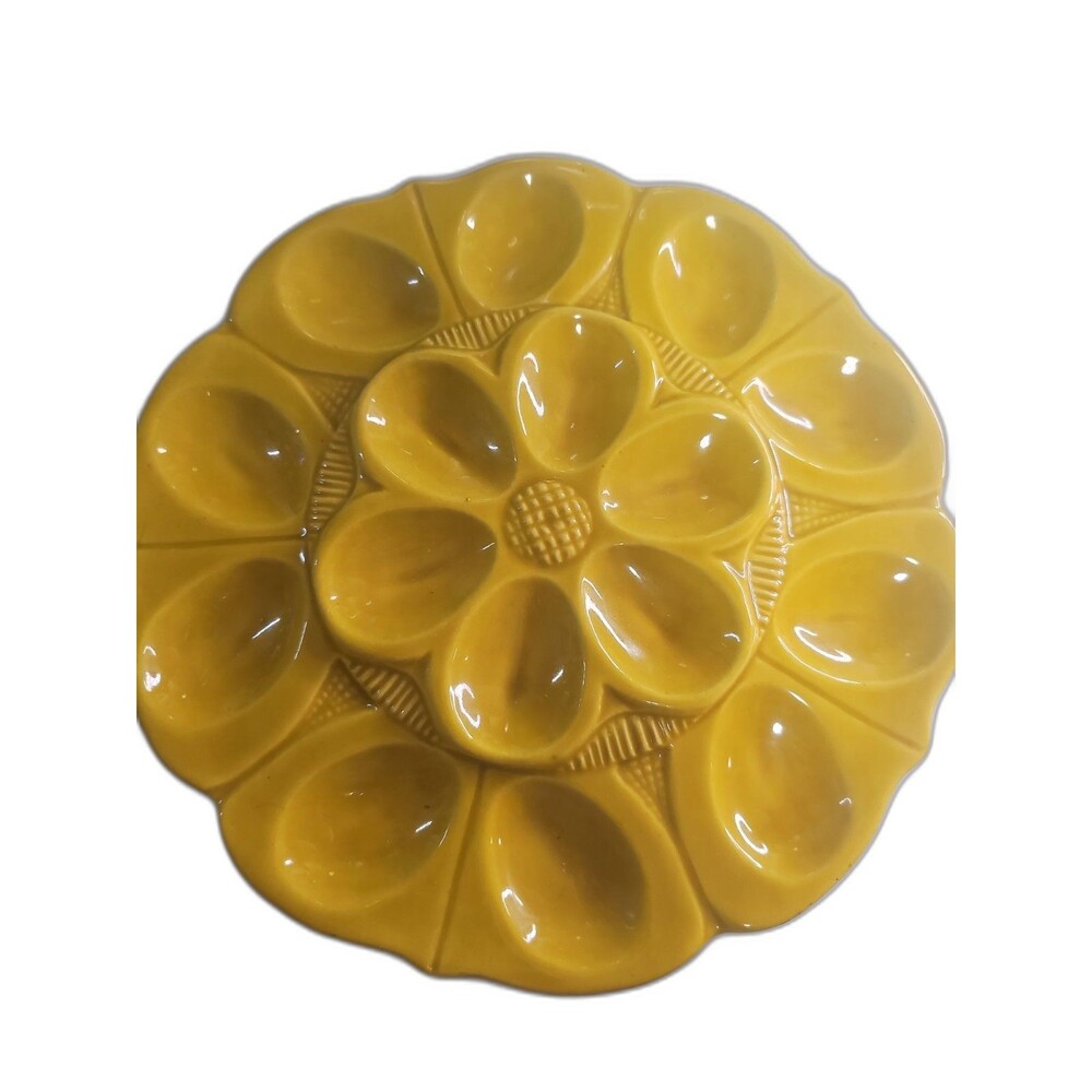 Vintage USA CM-30 Deviled Egg Platter Mustard Yellow Sunflower MCM 1970s